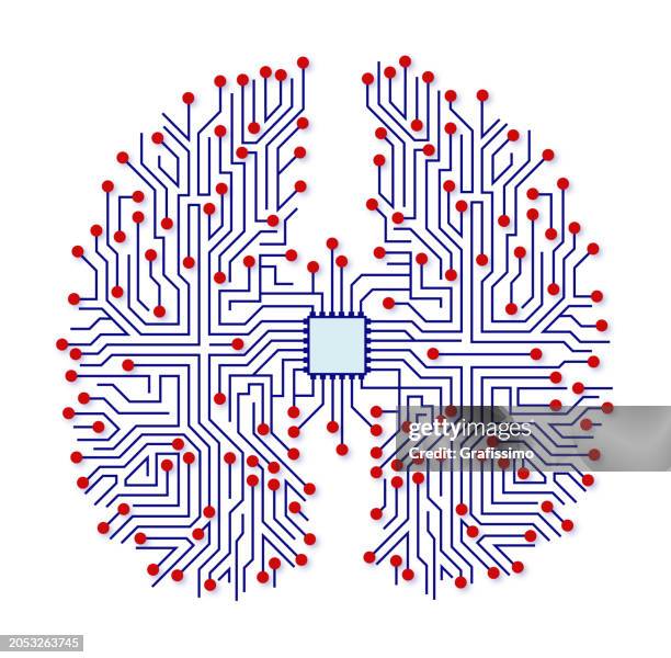 illustrazioni stock, clip art, cartoni animati e icone di tendenza di schema del cervello umano con circuito stampato e circuito integrato come anatomia del cervello isolata su bianco - deep learning