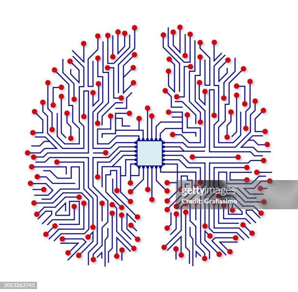 ilustrações, clipart, desenhos animados e ícones de esquema do cérebro humano com placa de circuito e chip como anatomia cerebral isolada no branco - deep learning