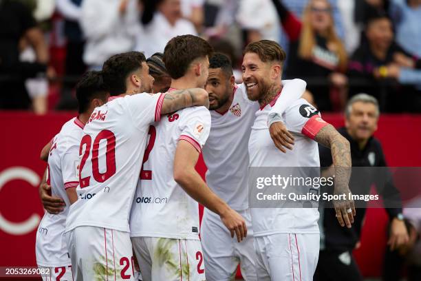 Sergio Ramos of Sevilla FC celebrates after scoring their side's third goal with his teammates during the LaLiga EA Sports match between Sevilla FC...