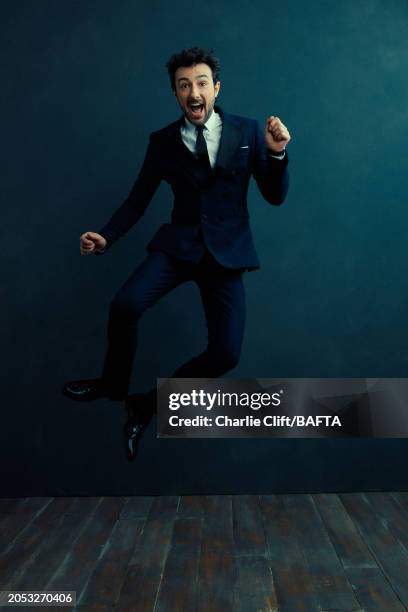 Television presenter Alex Zane is photographed backstage at the 2024 EE BAFTA Film Awards, held at The Royal Festival Hall on February 18, 2024 in...