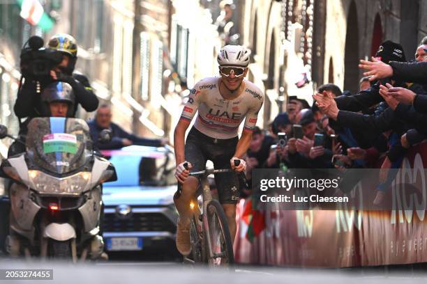 Race winner Tadej Pogacar of Slovenia and UAE Team Emirates competes during the 18th Strade Bianche 2024, Men's Elite a 215km one day race from Siena...