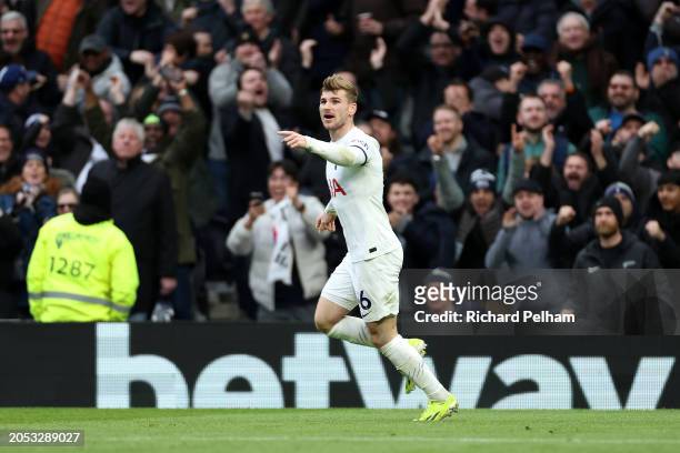 Timo Werner of Tottenham Hotspur celebrates scoring his team's first goal during the Premier League match between Tottenham Hotspur and Crystal...