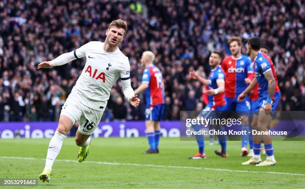 Timo Werner of Tottenham Hotspur celebrates scoring their teams first goal during the Premier League match between Tottenham Hotspur and Crystal...