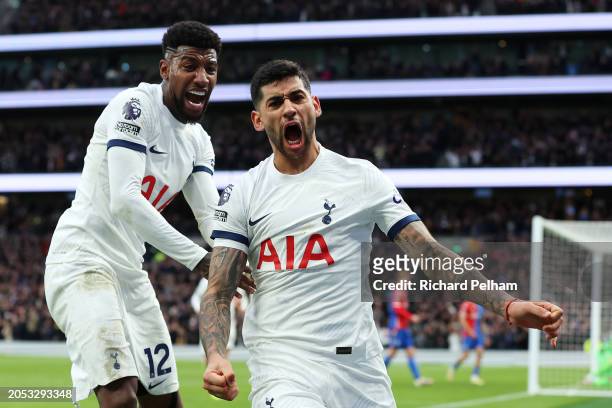 Cristian Romero of Tottenham Hotspur celebrates scoring his team's second goal during the Premier League match between Tottenham Hotspur and Crystal...