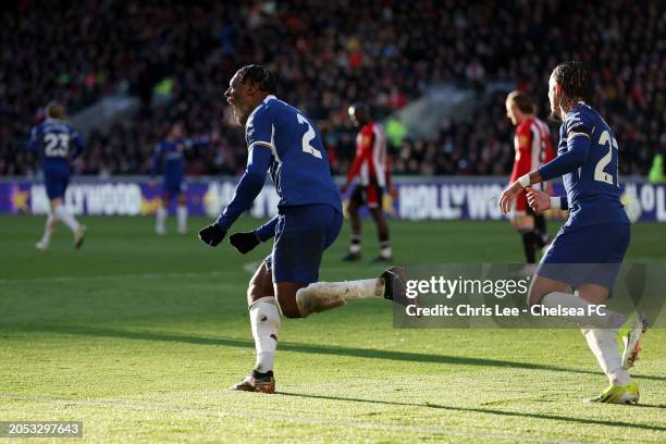 Axel Disasi of Chelsea celebrates scoring his team's second goal during the Premier League match between Brentford FC and Chelsea FC at the Brentford...