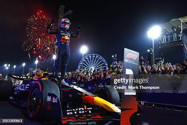 Race winner Max Verstappen of the Netherlands and Oracle Red Bull Racing celebrates in parc ferme during the F1 Grand Prix of Bahrain at Bahrain...