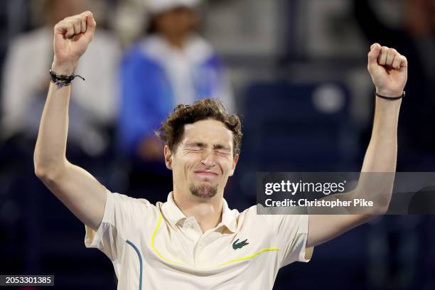 Ugo Humbert of France celebrates victory over Alexander Bublik of Kazakhstan in the final match during the Dubai Duty Free Tennis Championships at...