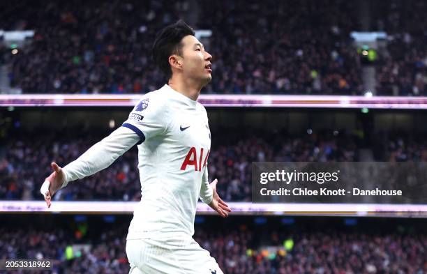 Heung-Min Son of Tottenham Hotspur celebrates scoring their teams third goal during the Premier League match between Tottenham Hotspur and Crystal...