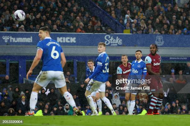 Tomas Soucek of West Ham United scores his team's second goal during the Premier League match between Everton FC and West Ham United at Goodison Park...