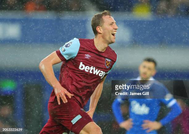 Tomas Soucek of West Ham United celebrates scoring his team's second goal during the Premier League match between Everton FC and West Ham United at...