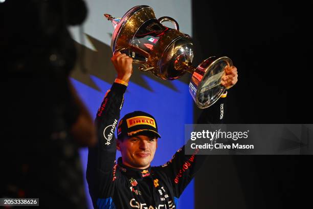 Race winner Max Verstappen of the Netherlands and Oracle Red Bull Racing celebrates on the podium during the F1 Grand Prix of Bahrain at Bahrain...