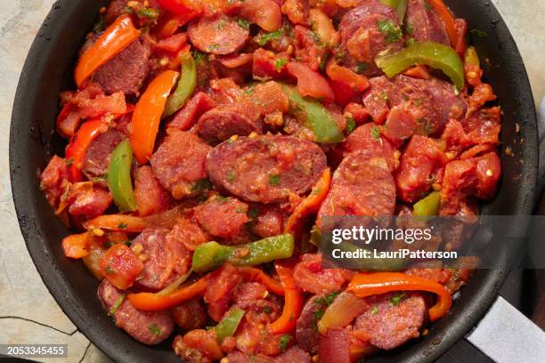 venison sausage and peppers - pork sausage stock pictures, royalty-free photos & images