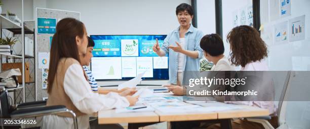 asian business people team brainstorm meeting in green corporate office. presentation esg project planning. environmental conservation, responsible business, sustainable development goal concept - animazione digitale foto e immagini stock