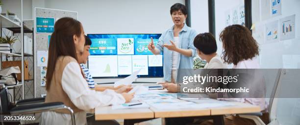 asian business people team brainstorm meeting in green corporate office. presentation esg project planning. environmental conservation, responsible business, sustainable development goal concept - animation moving image stockfoto's en -beelden