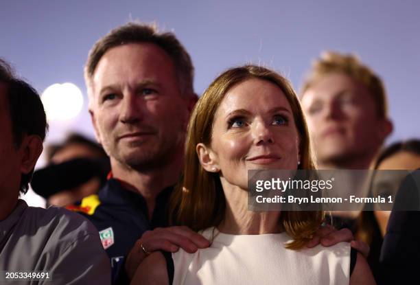 Geri Horner and Oracle Red Bull Racing Team Principal Christian Horner look on in parc ferme during the F1 Grand Prix of Bahrain at Bahrain...