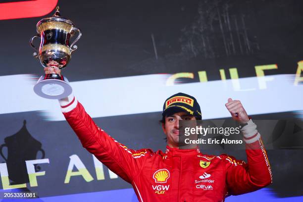 Carlos Sainz of Spain and Scuderia Ferrari celebrates during the F1 Grand Prix of Bahrain at Bahrain International Circuit on March 02, 2024 in...