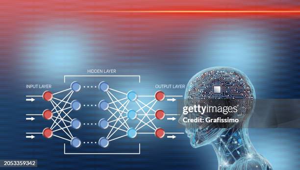 ilustraciones, imágenes clip art, dibujos animados e iconos de stock de infografía de aprendizaje profundo de una red neuronal artificial y un robot con placa de circuito como cerebro - cabeza humana