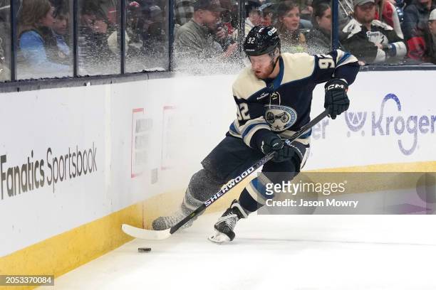 Alexander Nylander of the Columbus Blue Jackets skates with the puck during the second period against the Carolina Hurricanes at Nationwide Arena on...