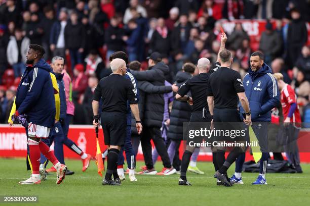 Steven Reid, Coach of Nottingham Forest is shown a red card by Match Referee Paul Tierney following the Premier League match between Nottingham...