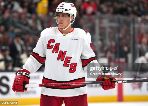 Teuvo Teravainen of the Carolina Hurricanes takes a break during a stoppage in play against the Columbus Blue Jacketsat Nationwide Arena on February...