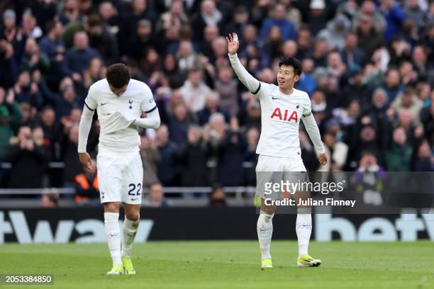 Son Heung-Min of Tottenham Hotspur celebrates scoring his team's third goal during the Premier League match between Tottenham Hotspur and Crystal...