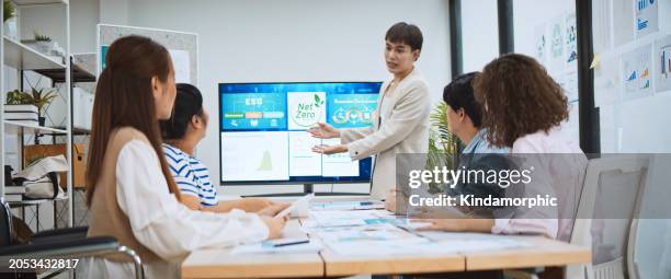 asian business people team brainstorm meeting in green corporate office. presentation esg project planning. environmental conservation, responsible business, sustainable development goal concept - animation moving image stockfoto's en -beelden