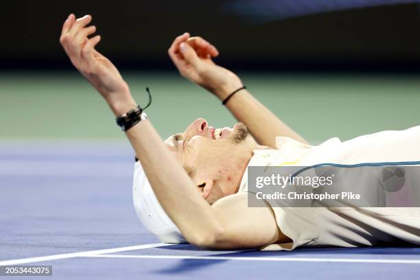 Ugo Humbert of France celebrates victory over Alexander Bublik of Kazakhstan in the final match during the Dubai Duty Free Tennis Championships at...