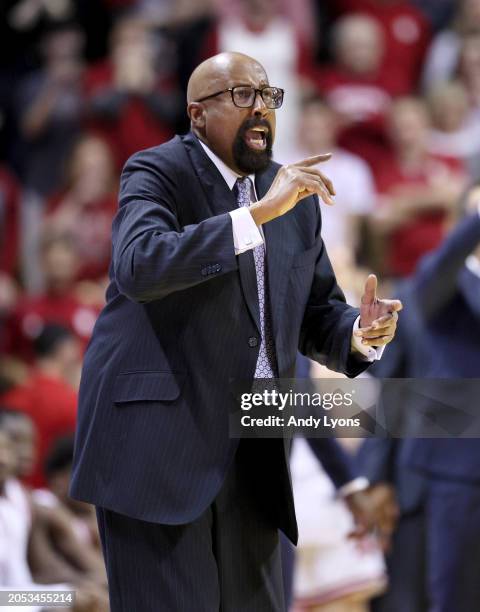 Mike Woodson the head coach of the Indiana Hoosiers gives instructions to his team against the Wisconsin Badgers at Simon Skjodt Assembly Hall on...