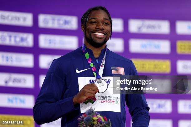 Silver medalist Noah Lyles of Team United States poses for a photo during the medal ceremony for the Men's 60 Metres Final on Day Two of the World...
