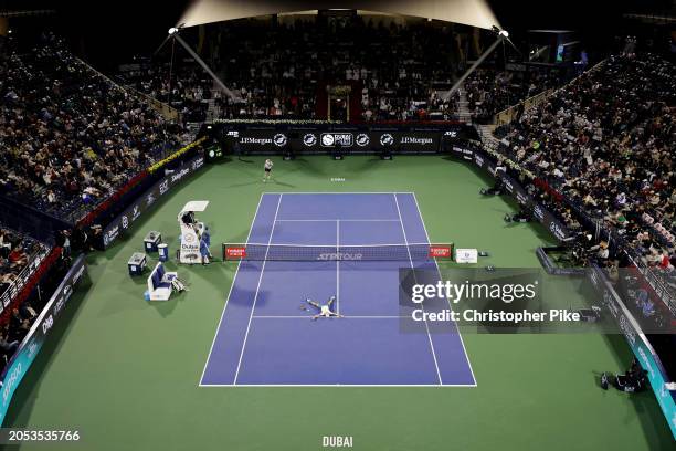 Ugo Humbert of France celebrates victory over Alexander Bublik of Kazakhstan in the final match during the Dubai Duty Free Tennis Championships at...