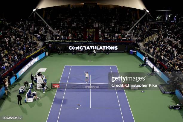 Ugo Humbert of France celebrates victory over Alexander Bublik of Kazakhstan in the final match during the Dubai Duty Free Tennis Championships at...