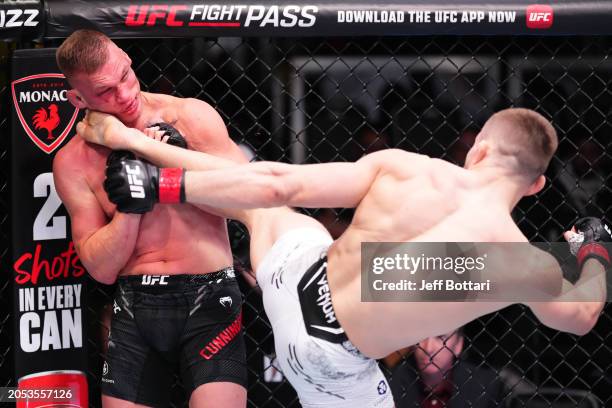 Ludovit Klein of Slovakia kicks AJ Cunningham in a lightweight bout during the UFC Fight Night event at UFC APEX on March 02, 2024 in Las Vegas,...