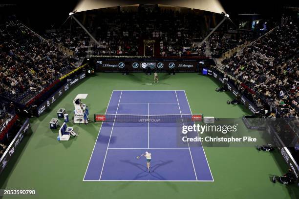 Ugo Humbert of France plays a forehand against Alexander Bublik of Kazakhstan in the final match during the Dubai Duty Free Tennis Championships at...