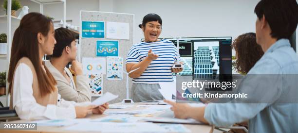 asian business people team brainstorm meeting in sustainable corporate office. presentation esg project planning, solar panel, wind turbine power energy generation. environmental conservation concept - animation stock pictures, royalty-free photos & images
