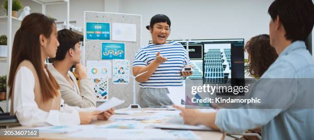 asian business people team brainstorm meeting in sustainable corporate office. presentation esg project planning, solar panel, wind turbine power energy generation. environmental conservation concept - animation moving image stock pictures, royalty-free photos & images