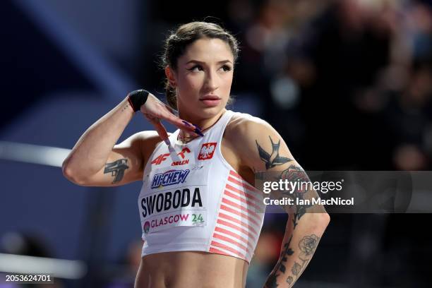 Ewa Swoboda of Team Poland reacts after competing in Heat 1 of the Women's 60 Metres Semi-Finals on Day Two of the World Athletics Indoor...