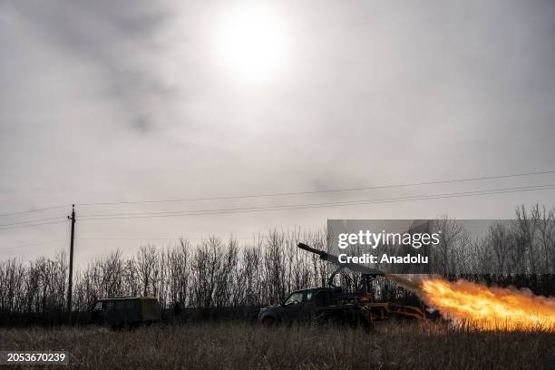 Ukrainian soldiers fire missiles from a Grad PC3B, with a homemade shuttle, at Russian positions in the direction of Bakhmut during the ongoing...