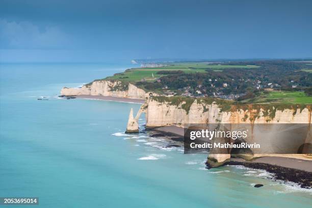 aerial view of etretat cliffs and beautiful colors - alabaster background stock pictures, royalty-free photos & images