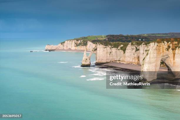 aerial view of etretat cliffs and beautiful colors - alabaster background stock pictures, royalty-free photos & images