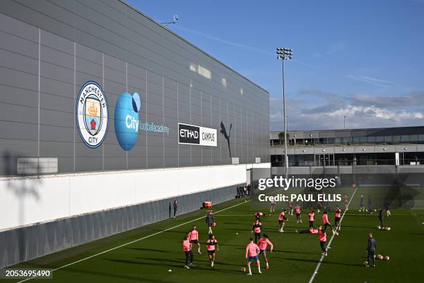 Manchester City's players attend a team training session at their training ground in Manchester in north-west England on March 5 on the eve of their...