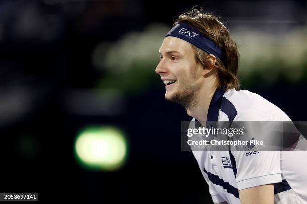 Alexander Bublik of Kazakhstan in action against Ugo Humbert of France in the final match during the Dubai Duty Free Tennis Championships at Dubai...