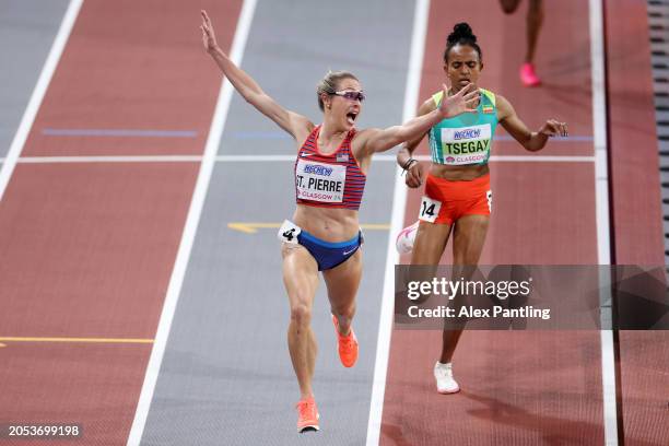 Elle St. Pierre of Team United States celebrates as she crosses the finish line to win the Women's 3000 Metres Final on Day Two of the World...