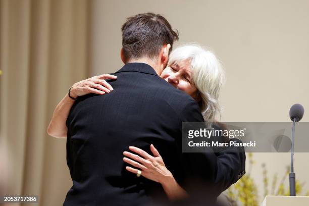 Sophie Fontanel hugs designer Simon Porte Jacquemus during the Simon Jacquemus Presentation Of "Chevalier de l'ordre des Arts et des Lettres" Medal...