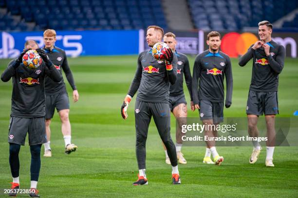 Peter Gulacsi of RB Leipzig during a training session of RB Leipzig at Estadio Alfredo Di Stefano on March 5, 2024 in Madrid, Spain.