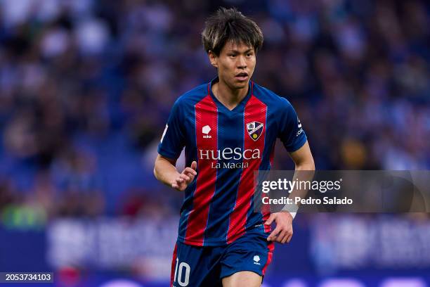 Kento Hashimoto of SD Huesca looks on during the LaLiga Hypermotion match between RCD Espanyol and SD Huesca at Stage Front Stadium on March 02, 2024...