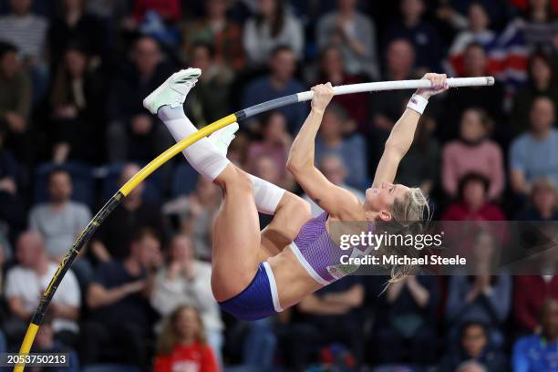 Molly Caudery of Team Great Britain competes in the Women's Pole Vault Final on Day Two of the World Athletics Indoor Championships Glasgow 2024 at...