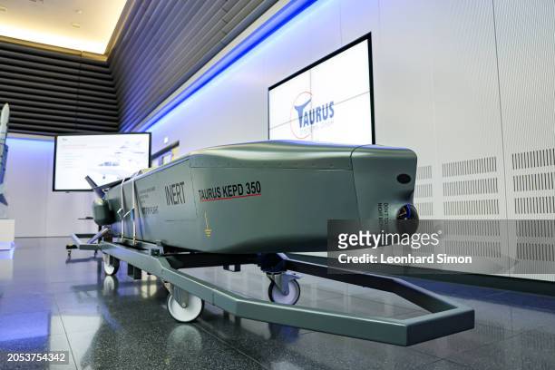 Taurus cruise missile is displayed while Bavarian Premier Markus Soeder is visiting a production facility of MBDA Deutschland on March 5, 2024 in...