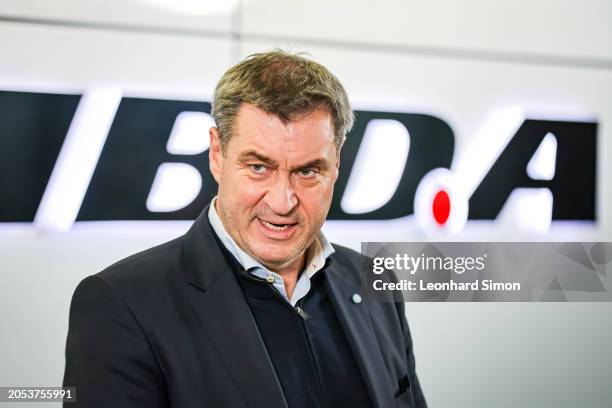 Bavarian Premier Markus Soeder speaks during a press briefing while visiting a production facility of MBDA Deutschland on March 5, 2024 in...
