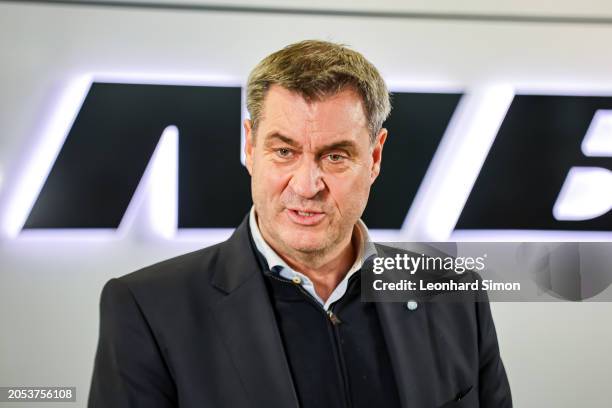 Bavarian Premier Markus Soeder speaks during a press briefing while visiting a production facility of MBDA Deutschland on March 5, 2024 in...