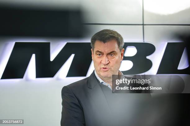 Bavarian Premier Markus Soeder speaks during a press briefing while visiting a production facility of MBDA Deutschland on March 5, 2024 in...